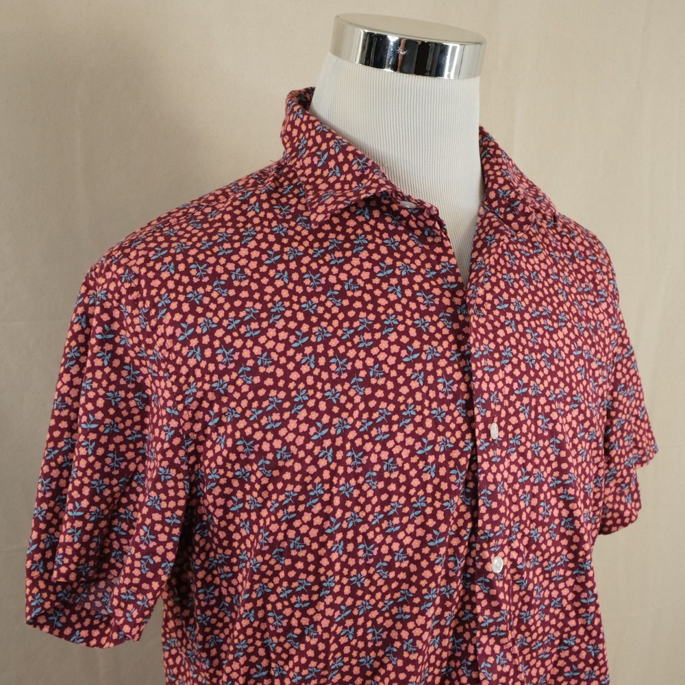 Bonobos Large Slim Fit Shirt Red Floral Stretch Short Sleeve Button Front Mens